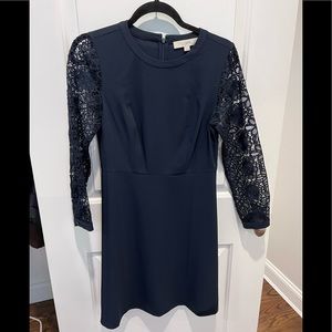 Navy blue never work simple dress with lace sleeves